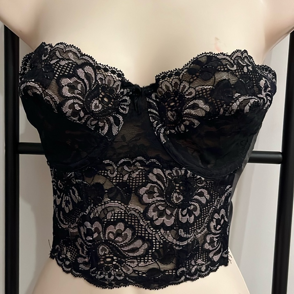 Vintage Fleur de Lace Black Floral Corset Bustier 36B USA